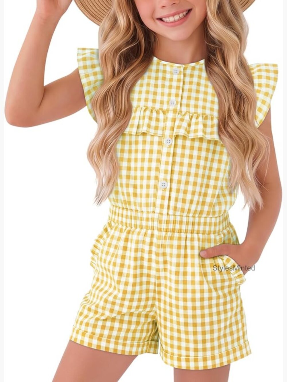 Girls Gingham Ruffle Short Jumpsuit Button Plaid Playsuit 5-14 Years